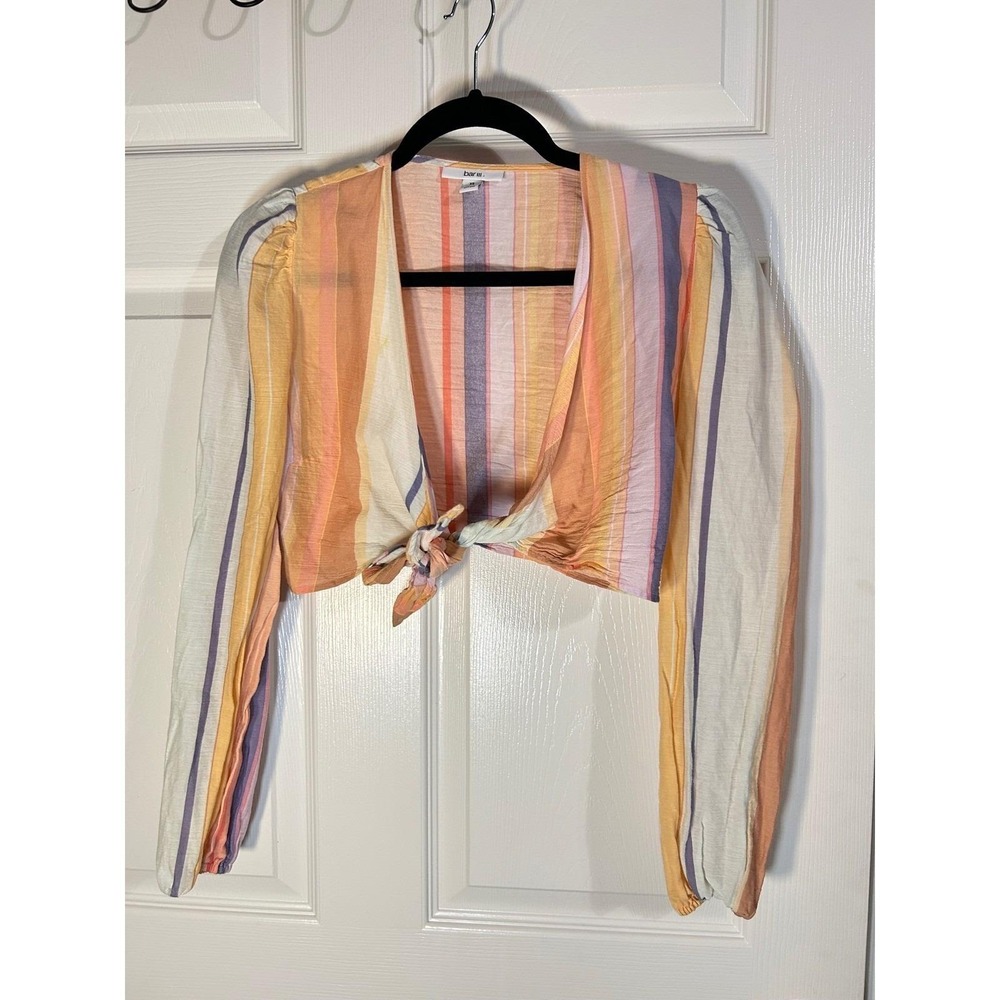 Bar III Striped Tie-Front Crop Top Womens XS Multicolor Boho Festival Summer
